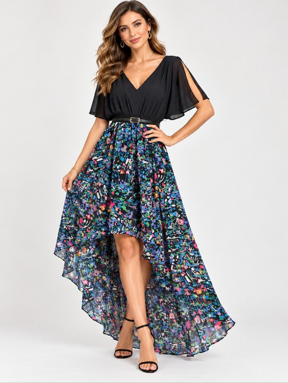 Nicole Miller Size 10 High Low Floral Maxi Dress Batwing Slit Sleeve